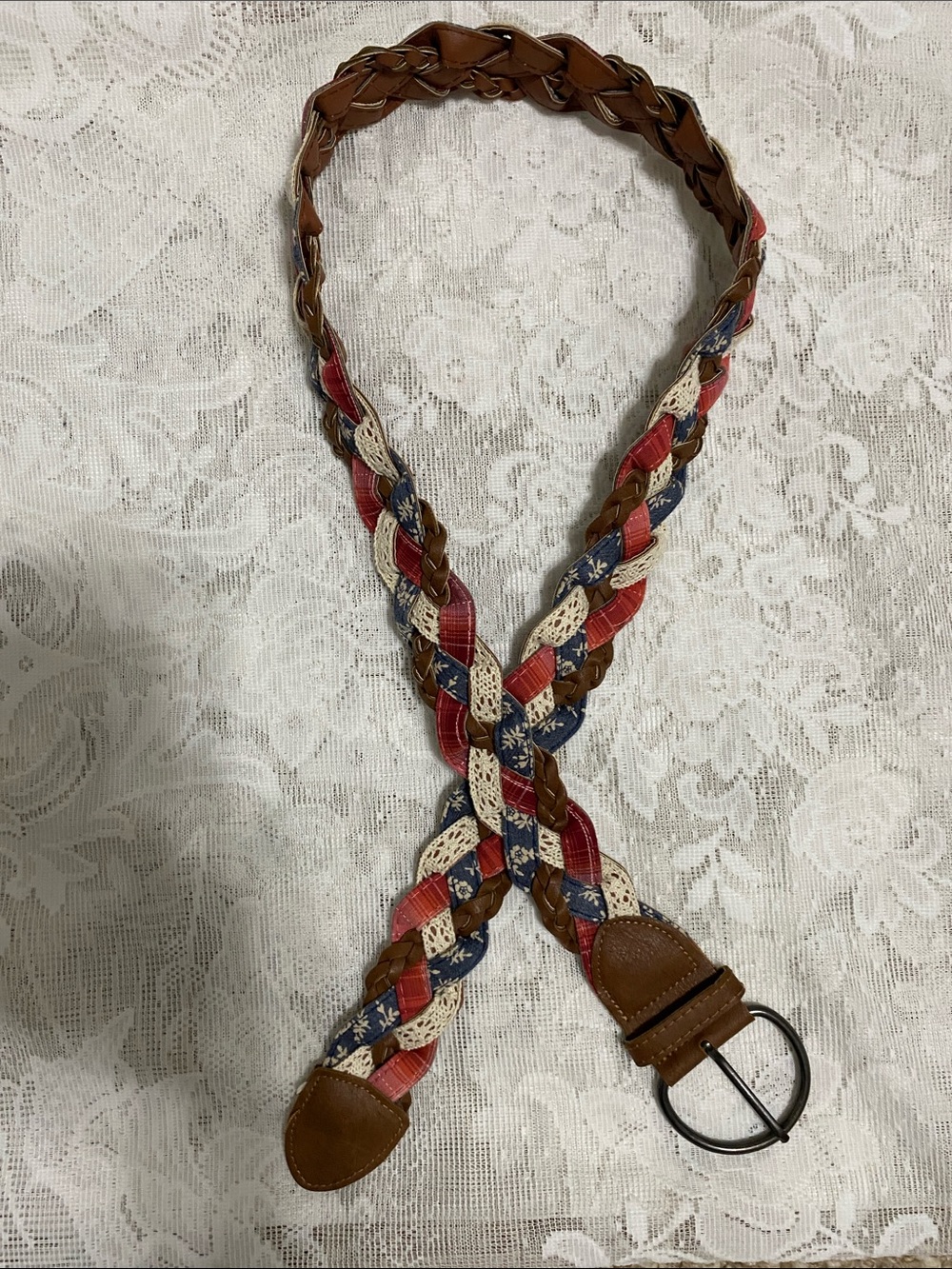 Braided Multi-Color Women’s Waist Belt - Brown, Blue, Red, Cream